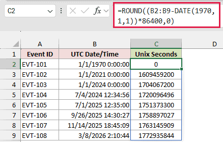 Formula =ROUND((B2:B9-DATE(1970,1,1))*86400,0) converting dates back to Unix timestamps in seconds