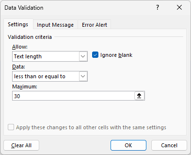 Text length rule, less than or equal to 30.