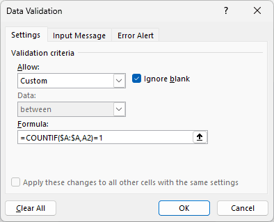 Custom rule =COUNTIF($A:$A,A2)=1 in the Formula box.