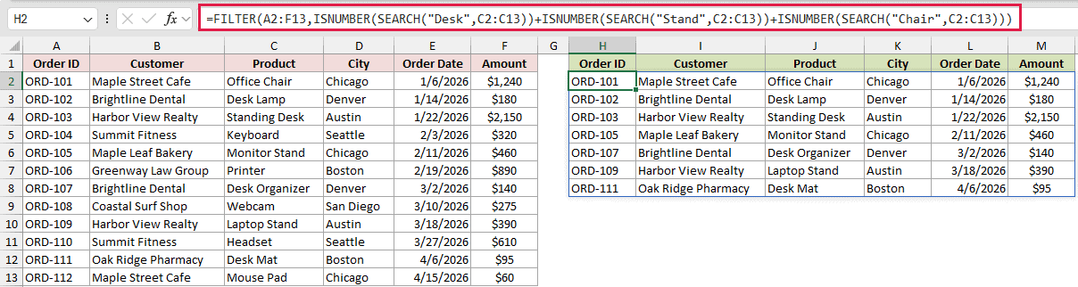 FILTER formula returning Desk, Stand, and Chair orders
