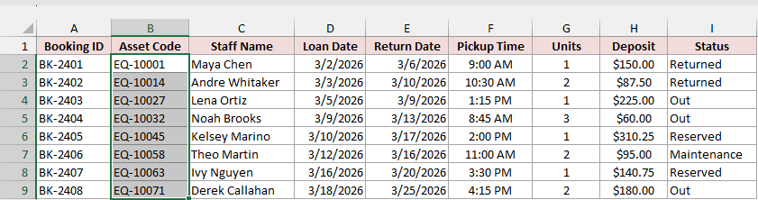 Asset Code cells B2:B9 selected with B2 active.