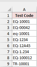 Good and bad test codes in A2:A9 on the Rule Tester sheet.