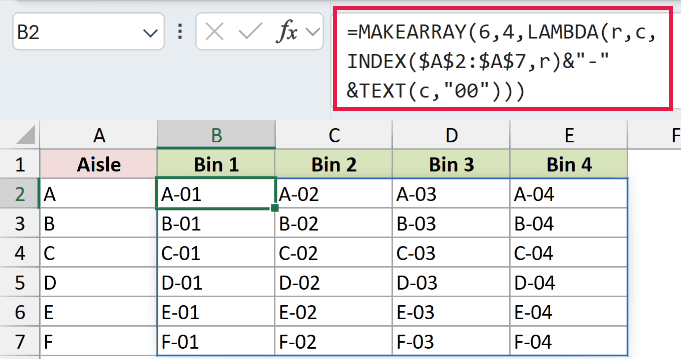 =MAKEARRAY(6,4,LAMBDA(r,c,INDEX($A$2:$A$7,r)&"-"&TEXT(c,"00"))) in B2