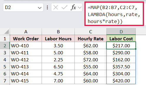 =MAP(B2:B7,C2:C7,LAMBDA(hours,rate,hours*rate)) in D2