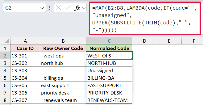 =MAP(B2:B8,LAMBDA(code,IF(code="","Unassigned",UPPER(SUBSTITUTE(TRIM(code)," ","-"))))) in C2