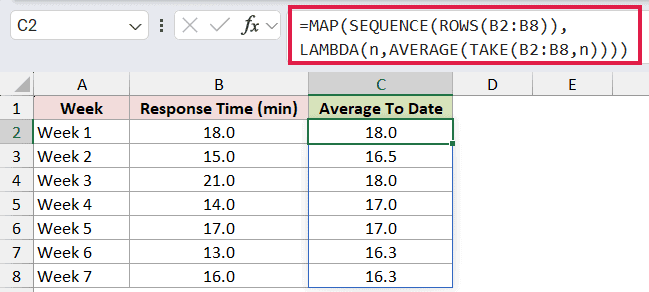 =MAP(SEQUENCE(ROWS(B2:B8)),LAMBDA(n,AVERAGE(TAKE(B2:B8,n)))) in C2
