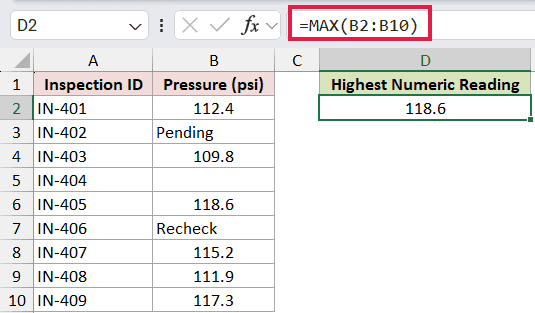 =MAX(B2:B10) in D2