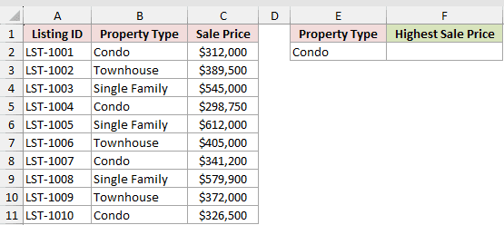 Dataset for MAXIFS example 1