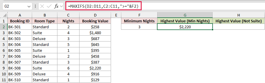 =MAXIFS(D2:D11,C2:C11,">="&F2) in G2