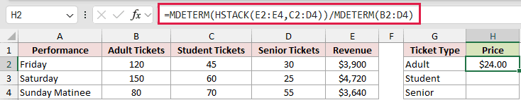 =MDETERM(HSTACK(E2:E4,C2:D4))/MDETERM(B2:D4) in H2