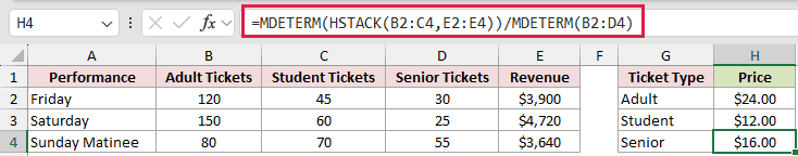 =MDETERM(HSTACK(B2:C4,E2:E4))/MDETERM(B2:D4) in H4