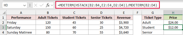 =MDETERM(HSTACK(B2:B4,E2:E4,D2:D4))/MDETERM(B2:D4) in H3