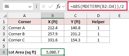=ABS(MDETERM(B2:D4))/2 in B6