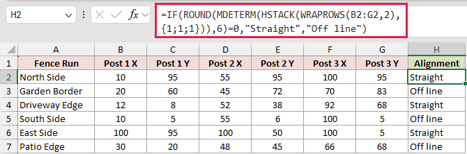 =IF(ROUND(MDETERM(HSTACK(WRAPROWS(B2:G2,2),{1;1;1})),6)=0,"Straight","Off line") in H2