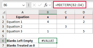 =MDETERM(B2:D4) in B6
