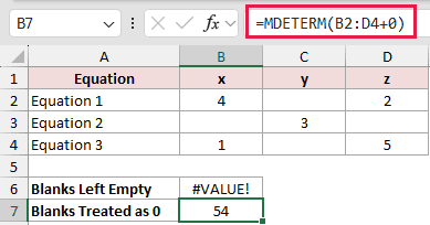 =MDETERM(B2:D4+0) in B7