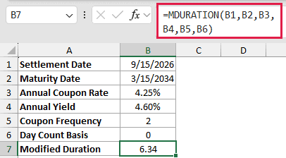=MDURATION(B1,B2,B3,B4,B5,B6) in B7