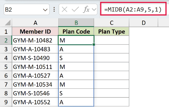 =MIDB(A2:A9,5,1) in B2