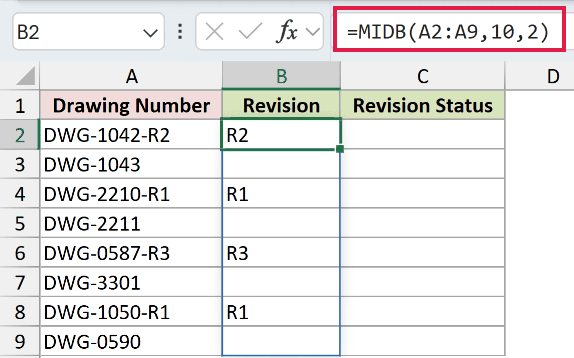 =MIDB(A2:A9,10,2) in B2