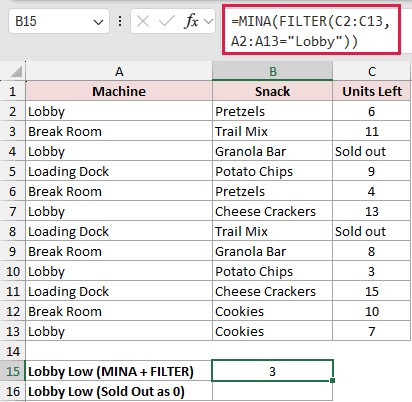 =MINA(FILTER(C2:C13,A2:A13="Lobby")) in B15