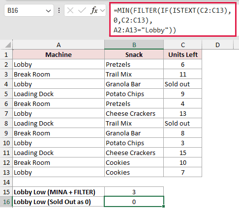 =MIN(FILTER(IF(ISTEXT(C2:C13),0,C2:C13),A2:A13="Lobby")) in B16