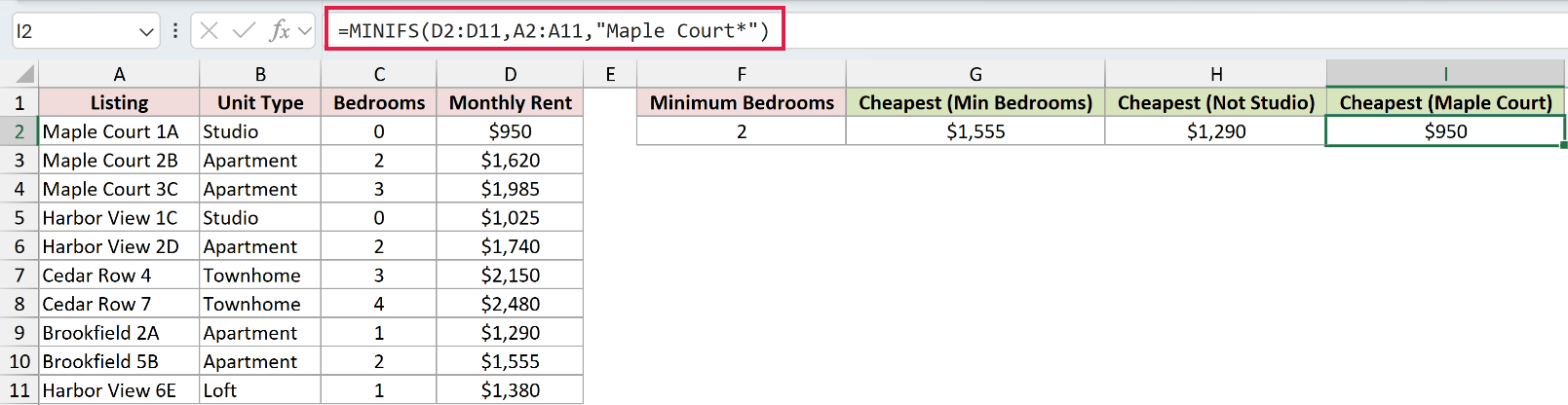 =MINIFS(D2:D11,A2:A11,"Maple Court*") in I2