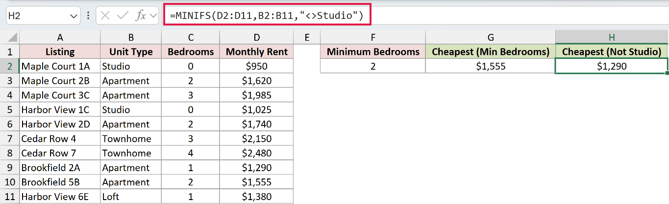 =MINIFS(D2:D11,B2:B11,"<>Studio") in H2