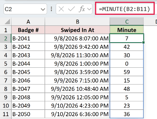 =MINUTE(B2:B11) in C2