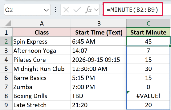 =MINUTE(B2:B9) in C2
