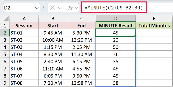 =MINUTE(C2:C9-B2:B9) in D2