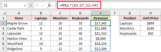 =MMULT(B2:D7,H2:H4) in E2