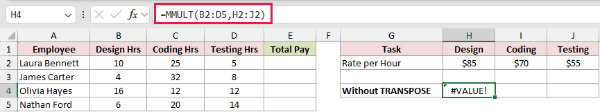 =MMULT(B2:D5,H2:J2) in H4
