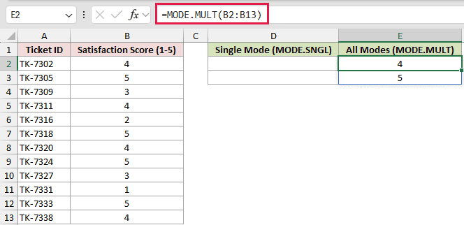 =MODE.MULT(B2:B13) in E2