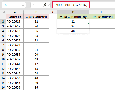 =MODE.MULT(B2:B16) in D2