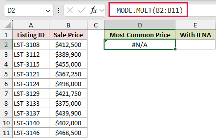 =MODE.MULT(B2:B11) in D2