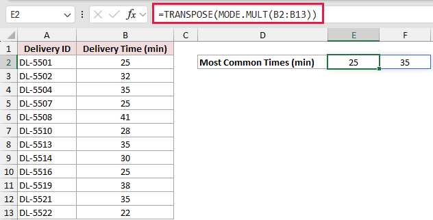 =TRANSPOSE(MODE.MULT(B2:B13)) in E2