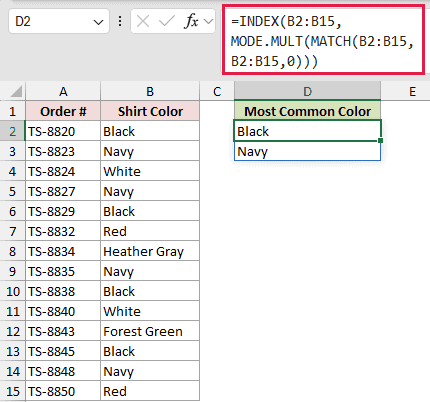 =INDEX(B2:B15,MODE.MULT(MATCH(B2:B15,B2:B15,0))) in D2
