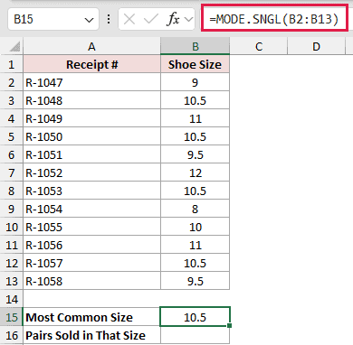 =MODE.SNGL(B2:B13) in B15