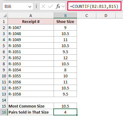 =COUNTIF(B2:B13,B15) in B16