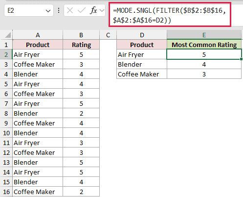 =MODE.SNGL(FILTER($B$2:$B$16,$A$2:$A$16=D2)) in E2