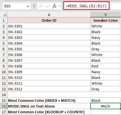=MODE.SNGL(B2:B13) in B16