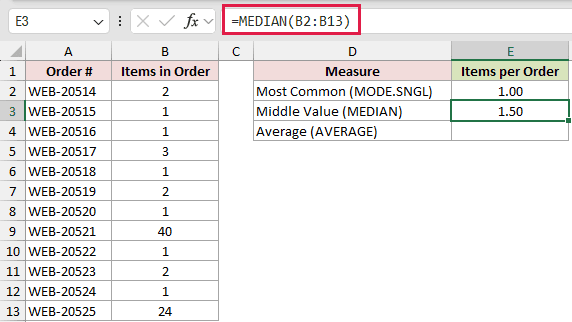 =MEDIAN(B2:B13) in E3