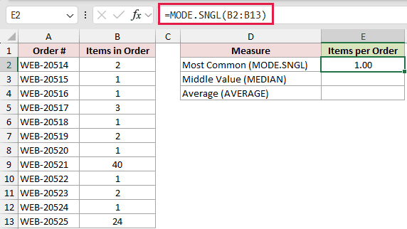 =MODE.SNGL(B2:B13) in E2