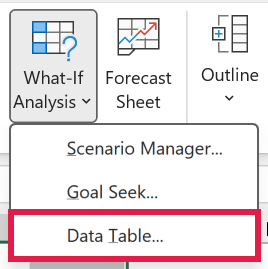 What-If Analysis menu with Data Table highlighted for the simulation trials