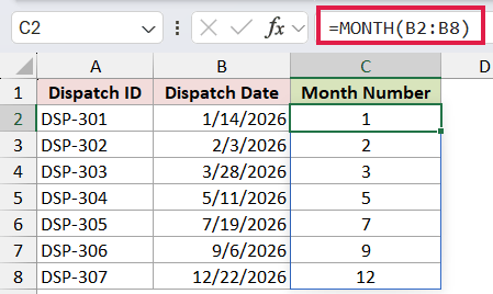 =MONTH(B2:B8) in C2