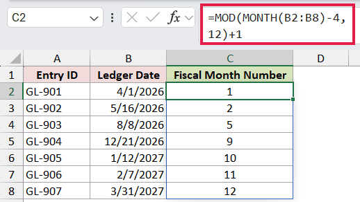 =MOD(MONTH(B2:B8)-4,12)+1 in C2