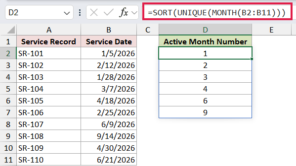 =SORT(UNIQUE(MONTH(B2:B11))) in D2
