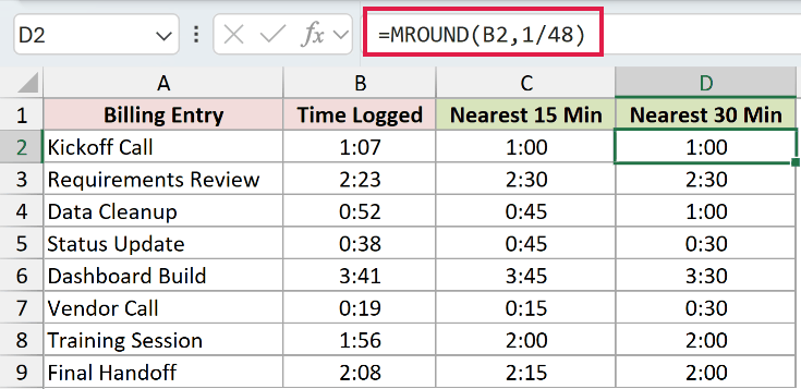 =MROUND(B2,1/48) in D2