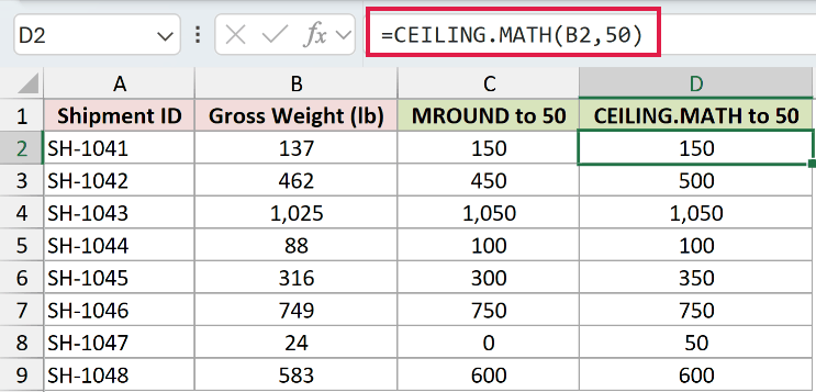=CEILING.MATH(B2,50) in D2