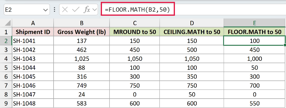 =FLOOR.MATH(B2,50) in E2